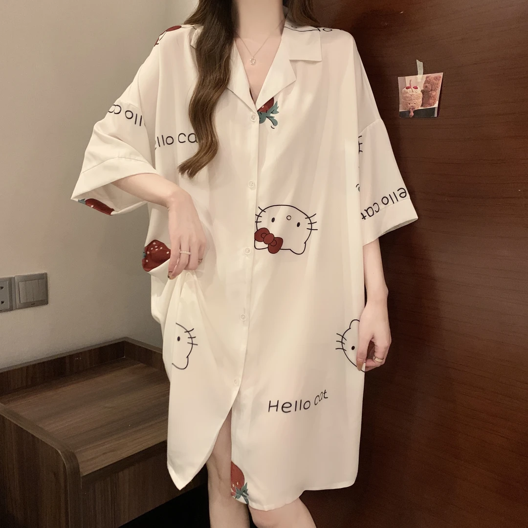 春夏新款睡衣女薄款气质大码宽松透气衬衫裙可外穿家居服睡裙女士