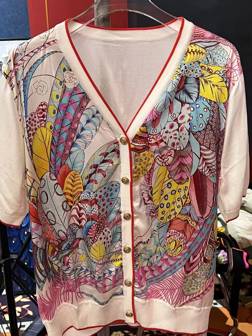 【203】夏季新款品桑蚕丝国风印花短袖开衫