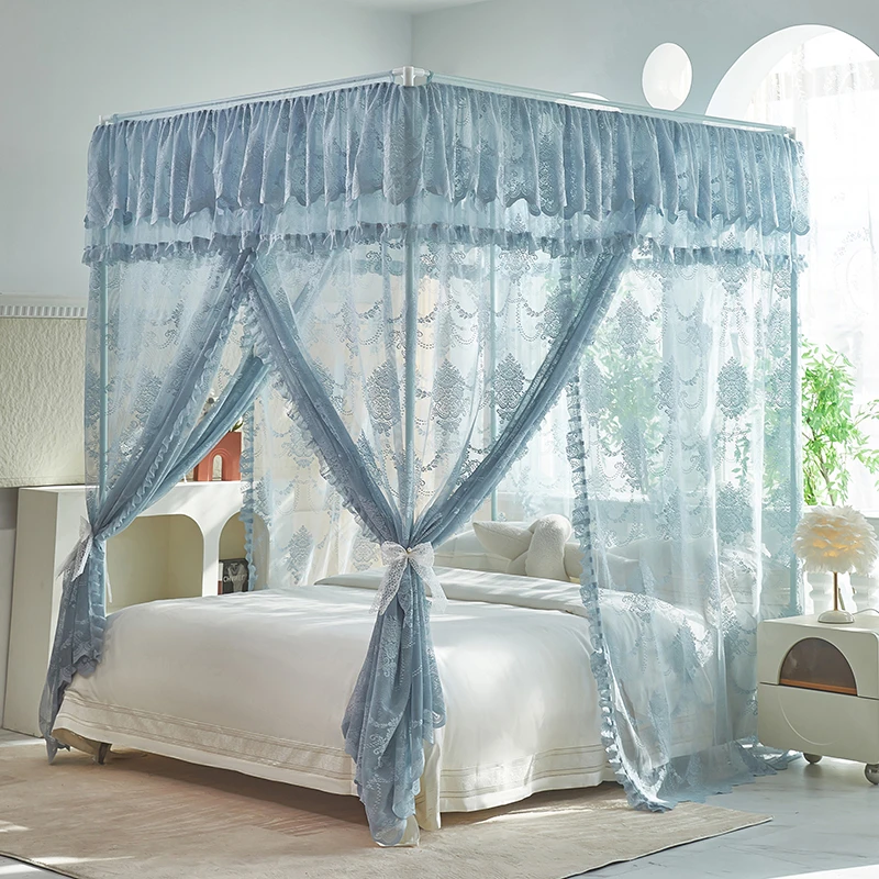 奢华高端蕾丝提花蚊帐三开门加厚床幔家用卧室1.51.8床落地加粗