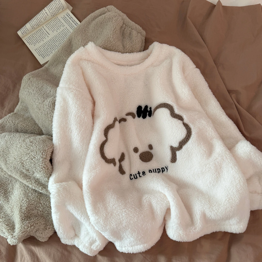 睡衣女秋冬季2025新款珊瑚绒大码加厚保暖长毛绒云朵狗套装家居服