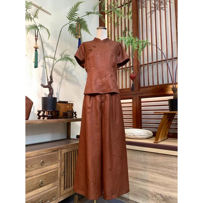 知羽.香云【岁月悠然】新中式立领红莨提花香云纱套装ZYX2053