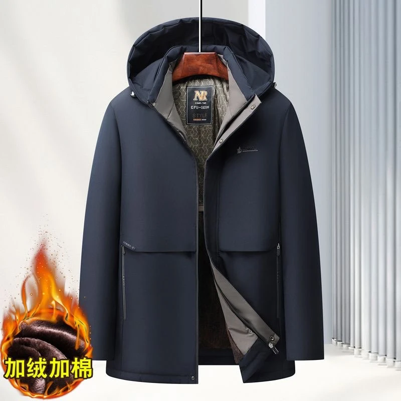 冬季男士新款商务加绒加厚保暖棉服外套中老年爸爸装棉衣可脱卸帽