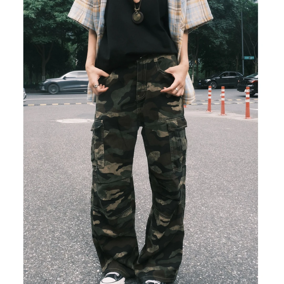 美式复古迷彩裤子男女夏季设计高级感cleanfit大口袋工装直筒裤潮