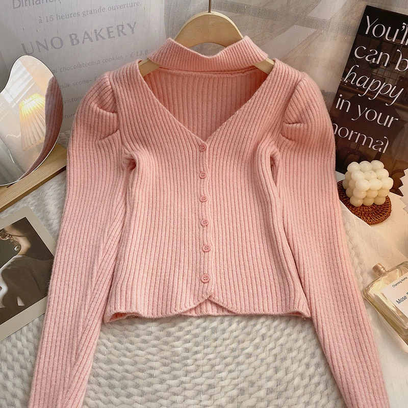 挂脖式桃心领红色针织开衫女2025年秋冬新款韩版修身显瘦百搭毛衣