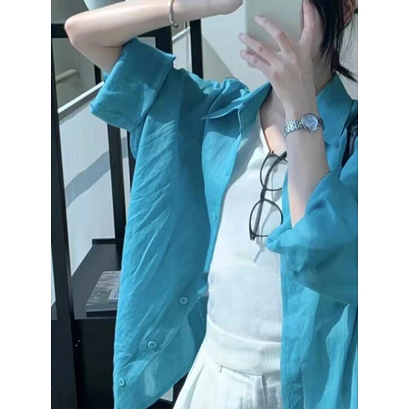 韩系显瘦polo领百搭防晒衬衫女早春外搭独特绝美修身宽松开衫上衣