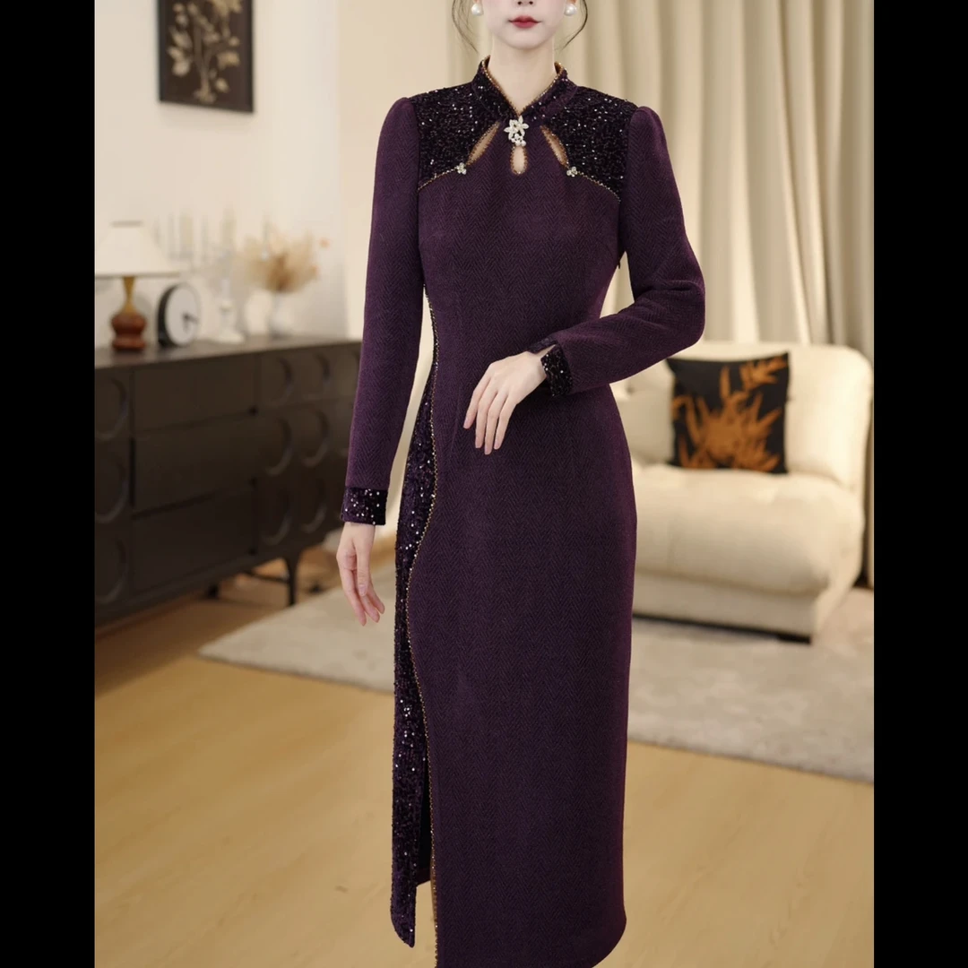 【 DLS5Q238】秋季新款改良旗袍轻奢妈妈装收腰显瘦高端精致连衣裙