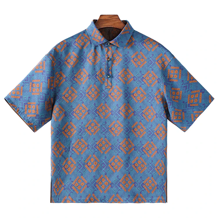 99453 男士短袖POLO衫 桑蚕丝透孔罗红云纱新中式复古休闲上衣