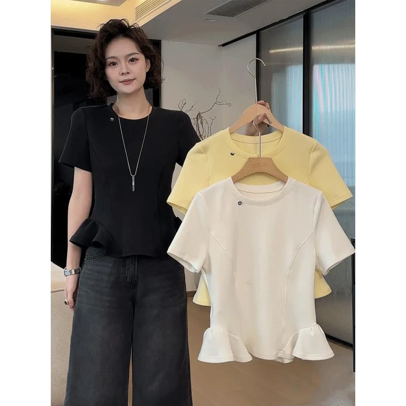 欧尼 25春款圆领云朵收腰T恤不规则荷叶边上衣显瘦气质内搭打底衫