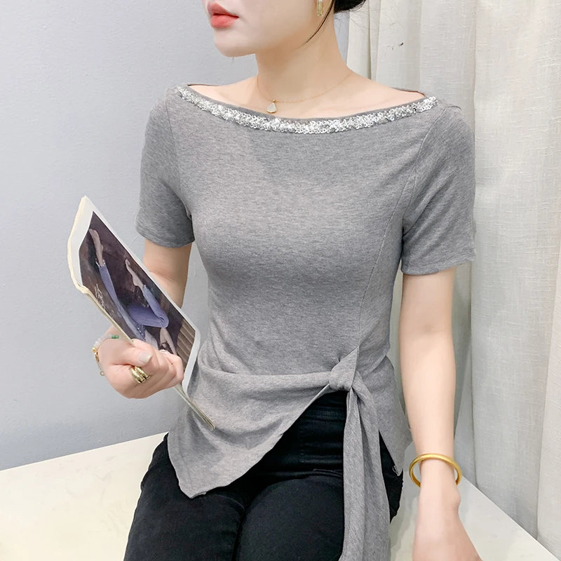 2025年夏季新款设计感不规则斜肩短袖T恤女修身百搭开叉绑带上衣