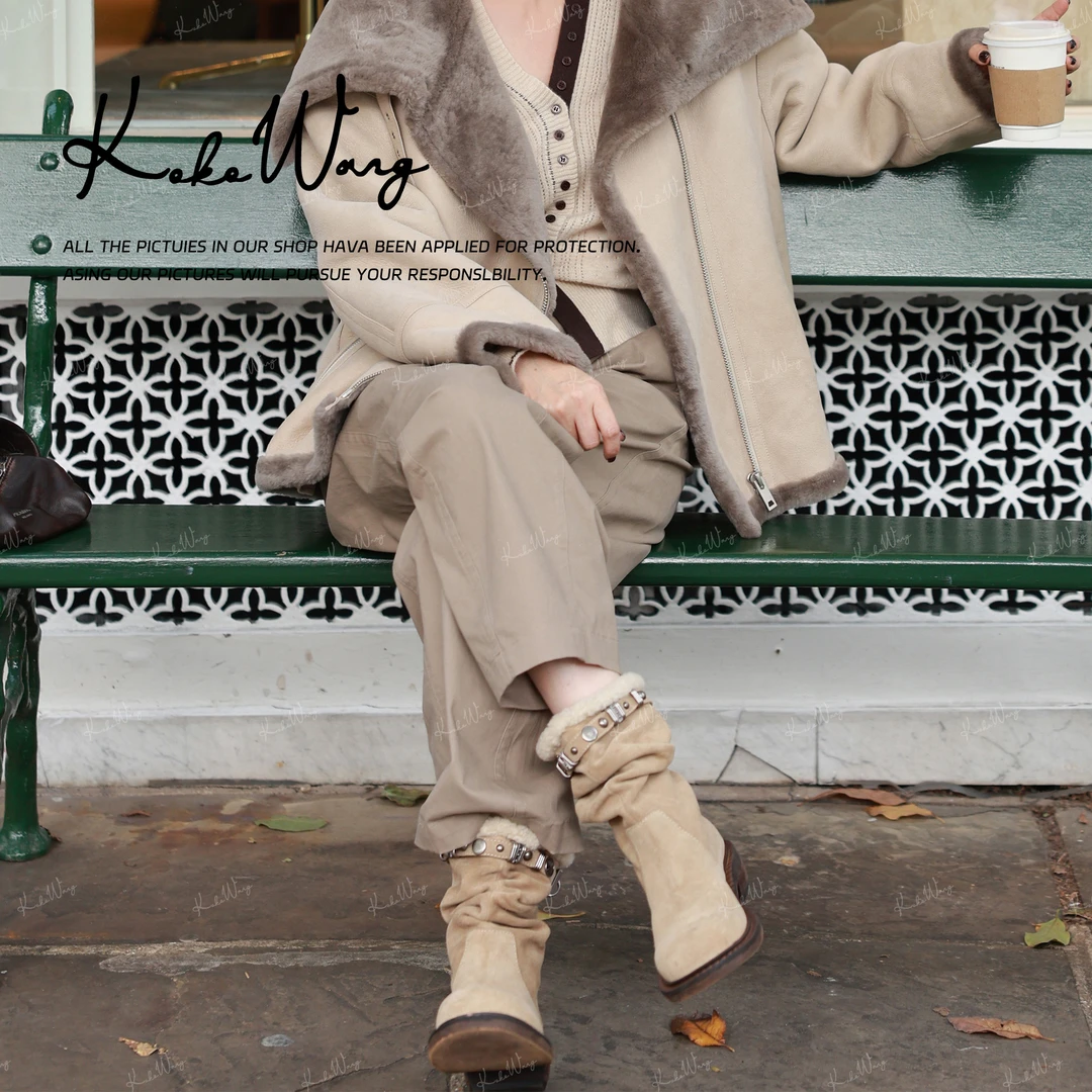 KOKOWANG秋冬牛反绒加绒松紧链扣复古高级百搭短靴X6775G23X13