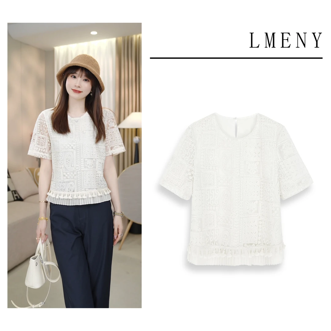LMENY绣羽线夏~圆领法式刺绣下摆流苏显瘦小衫25BC002