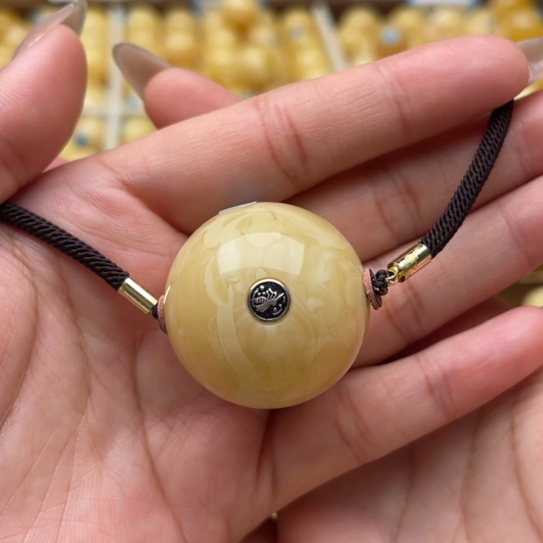 琥珀银S925镶嵌裸石蜜蜡圆珠笑