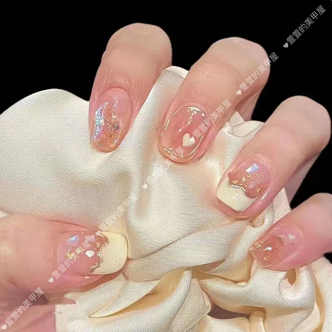 怦然心动纯手工光疗美甲贴果冻贴片指甲穿戴甲简约梯形重复