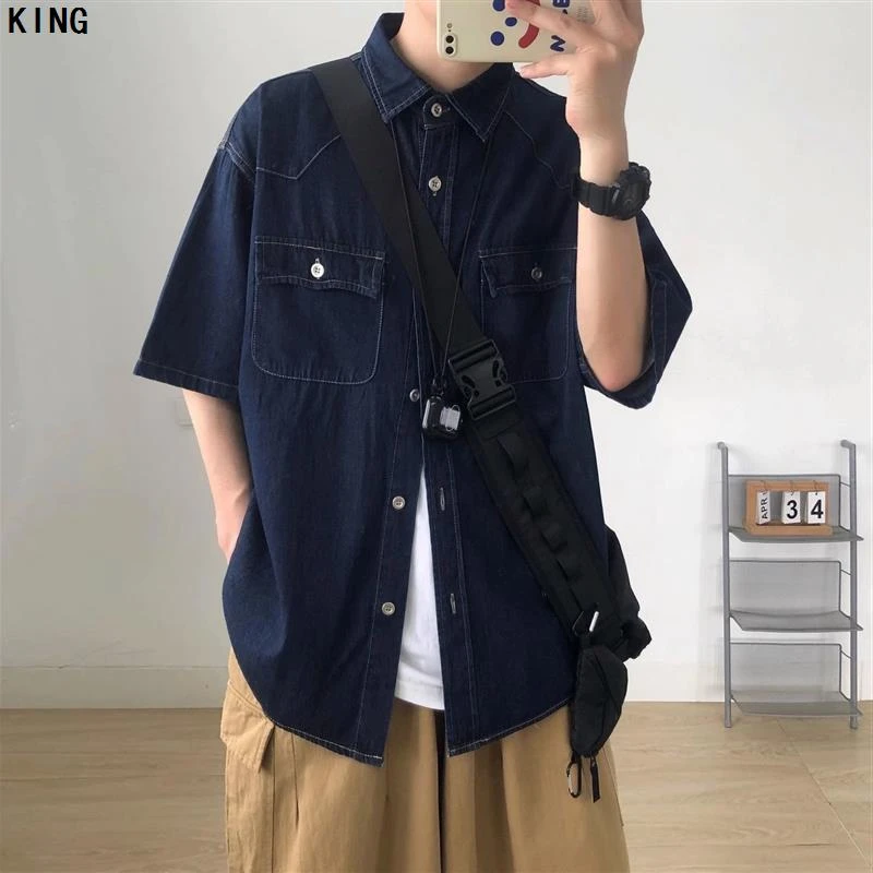 日系夏季牛仔短袖衬衫男复古宽松廓形休闲百搭痞帅翻领衬衫外套潮