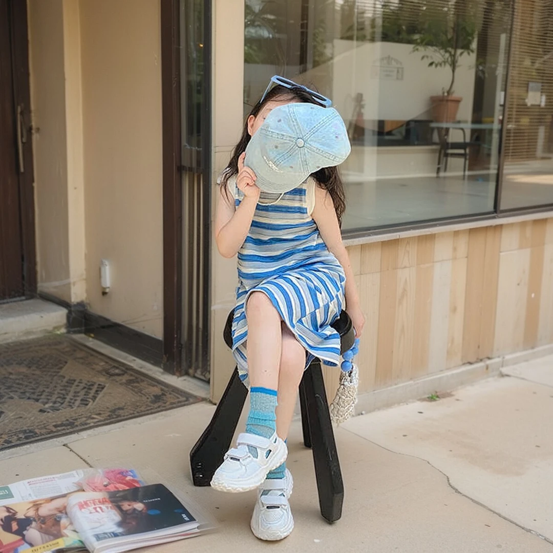 女童连衣裙长款裙t无袖儿童装夏季洋气条纹背心T恤裙子纯棉薄款裙