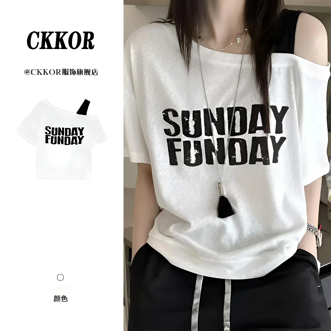 CKKOR夏季新款宽松斜肩短袖t恤女设计感印花休闲辣妹纯欲风上衣服