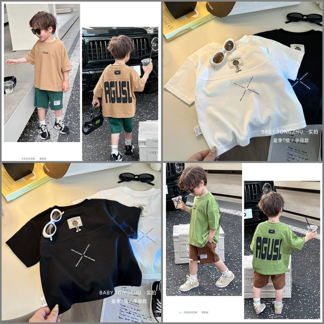 【100%棉两件】儿童夏季短袖拼接韩版男女童短袖上衣洋气百搭休闲