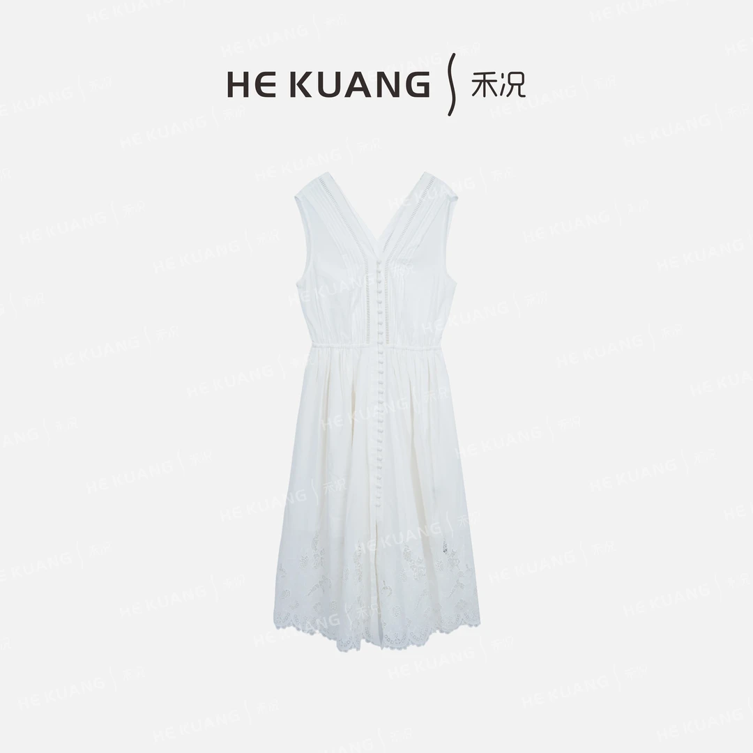 禾况HEKUANG【百折】无袖V领白色A字裙夏季蕾丝花边连衣裙L652 0239