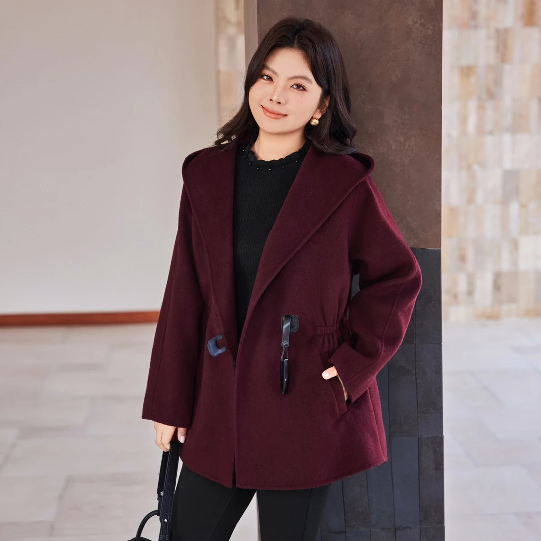 【现货100%绵羊毛/冬装显瘦连帽双面呢外套】MsShe大码女装M2509060