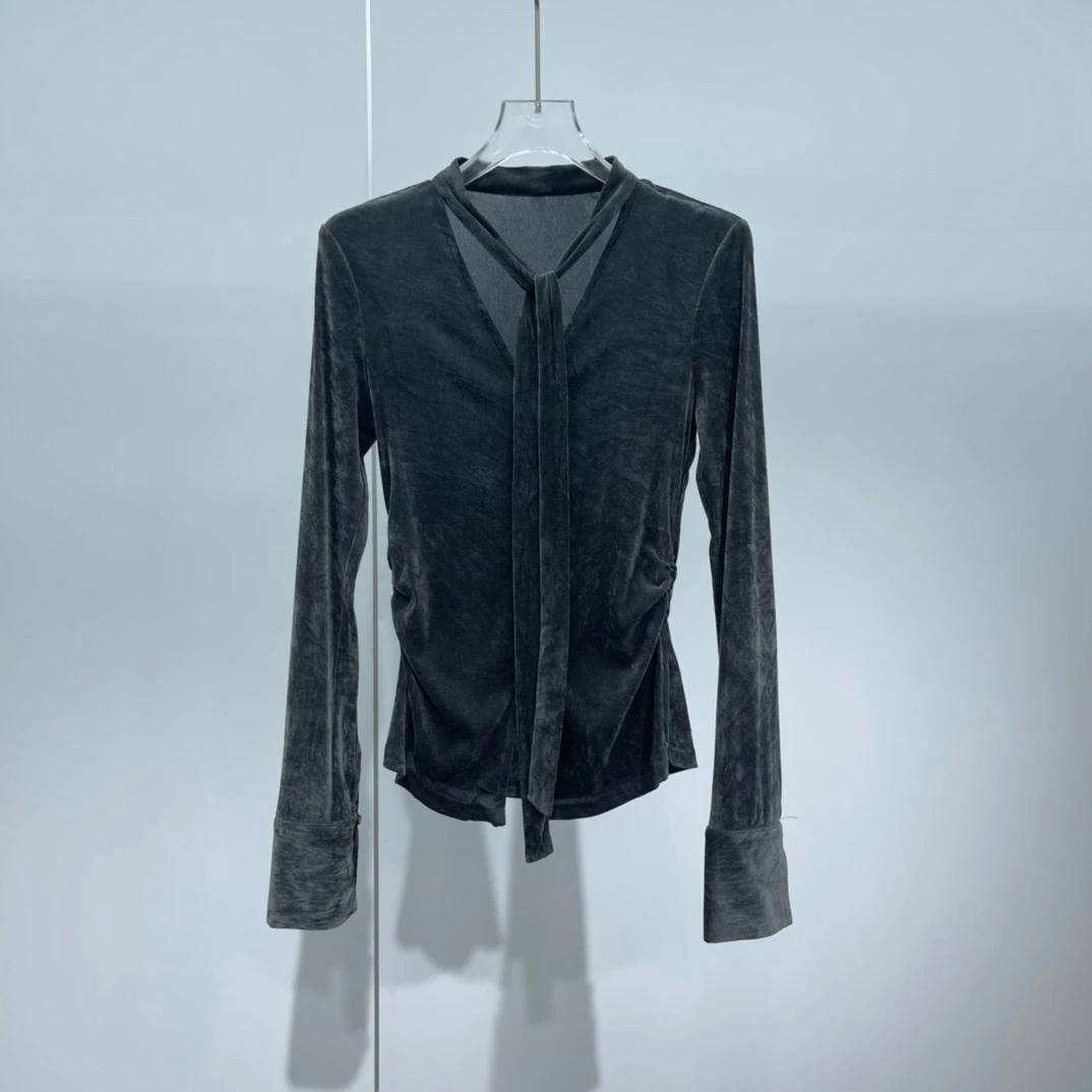 修身型系带成人衬衫秋季女装休闲金丝打底6011