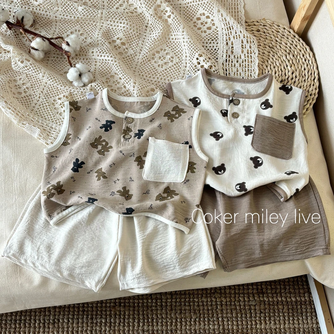 夏季儿童薄款背心短裤套装男宝女宝卡通家居外穿无袖休闲两件套