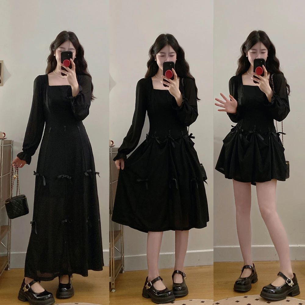 大码女装黑色蝴蝶结连衣裙胖MM减龄收腰气质春季连衣裙女