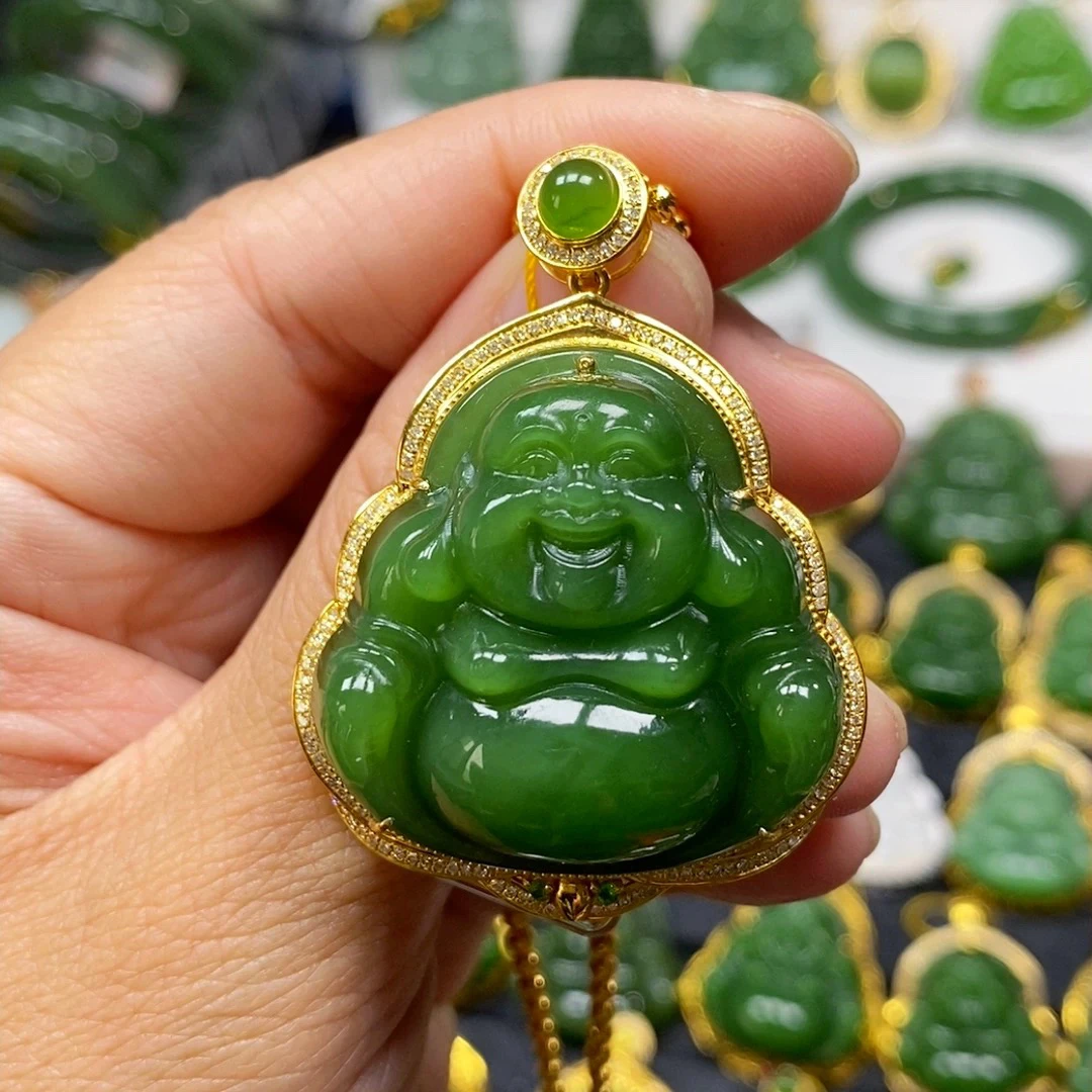 18k金正宗和田碧玉厚妆辣绿佛公吊坠裸佛34mm女士吊坠