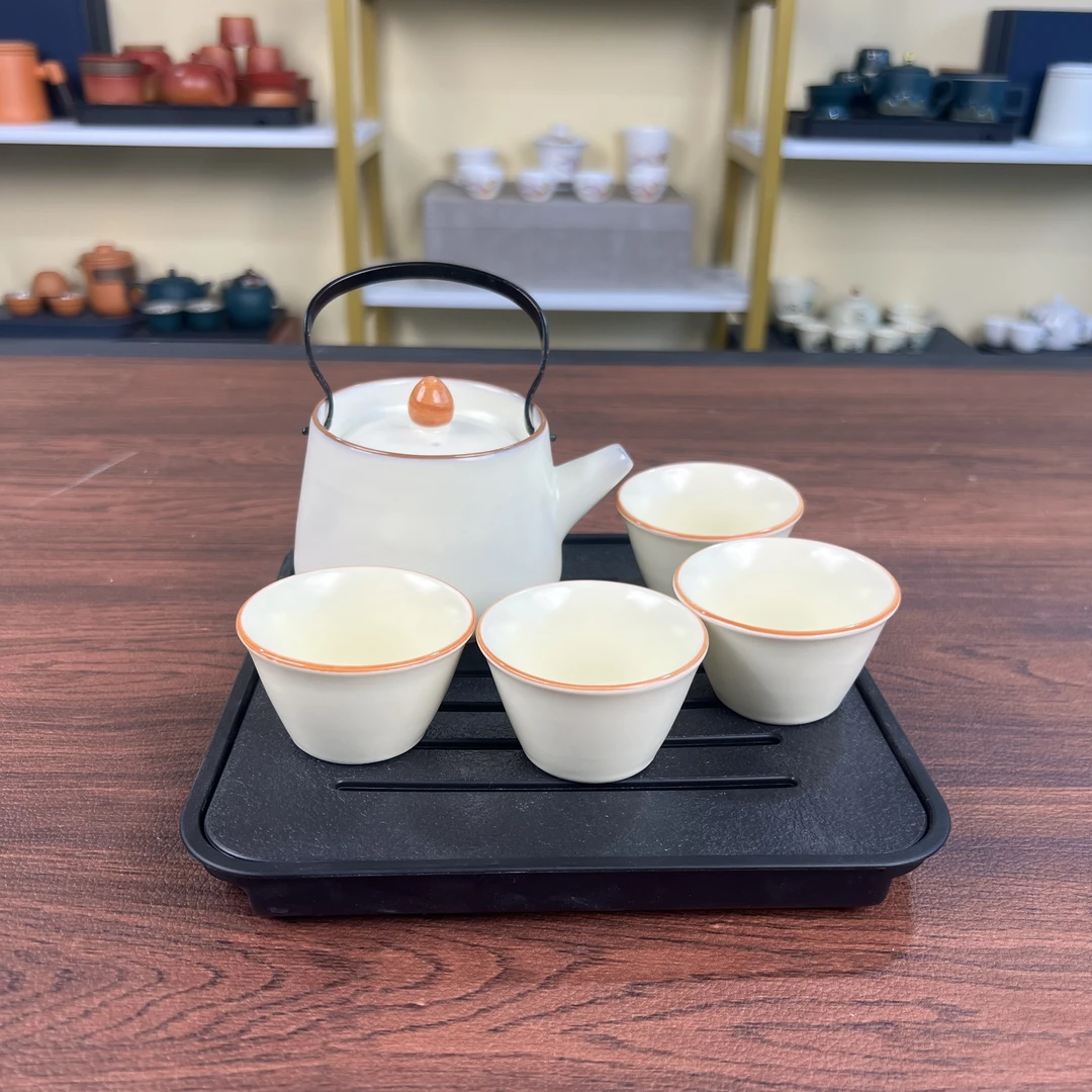 Z3158纯色黄汝窑提梁壶+4杯(斗签杯)小四方盘简约手工中式陶瓷X