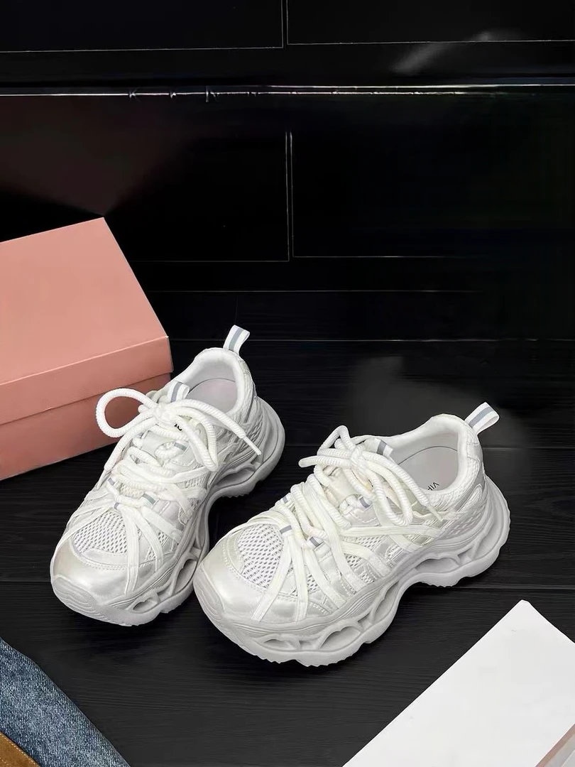 088新款网面透气厚底镂空老爹鞋女夏款时尚洋气绑带运动鞋