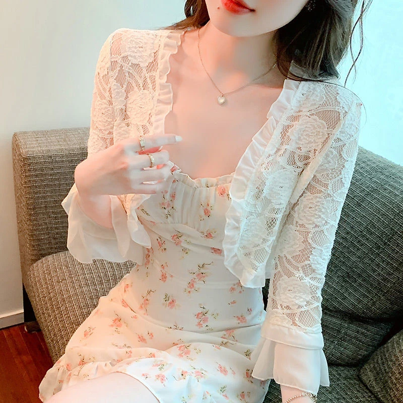 夏季防晒衣蕾丝小披肩外套女短款开衫外搭雪纺薄款上衣