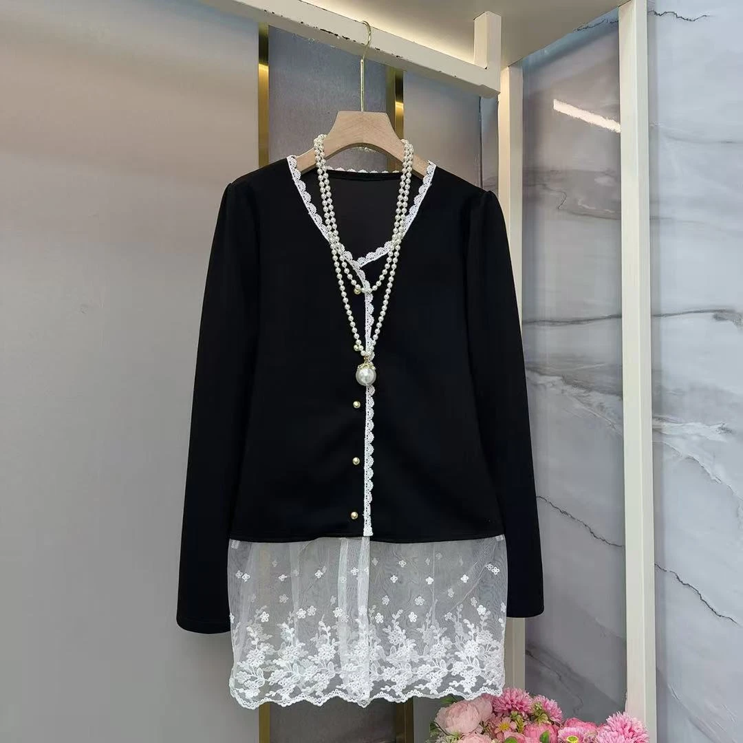 2025新款大码女装秋冬款轻奢高级蕾丝拼接衬衫mm上衣中长款显瘦潮