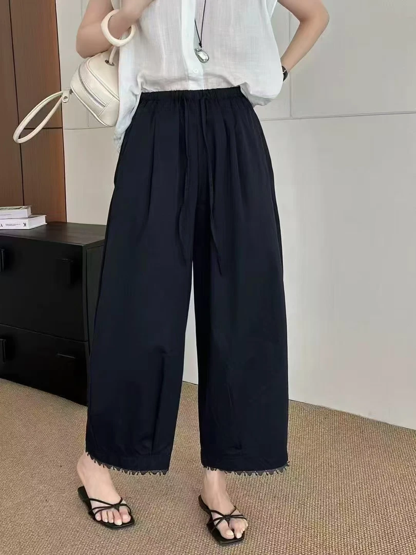 静静推荐夏季新款蕾丝花边松紧腰九分阔腿显瘦休闲睫毛裤女8078XH