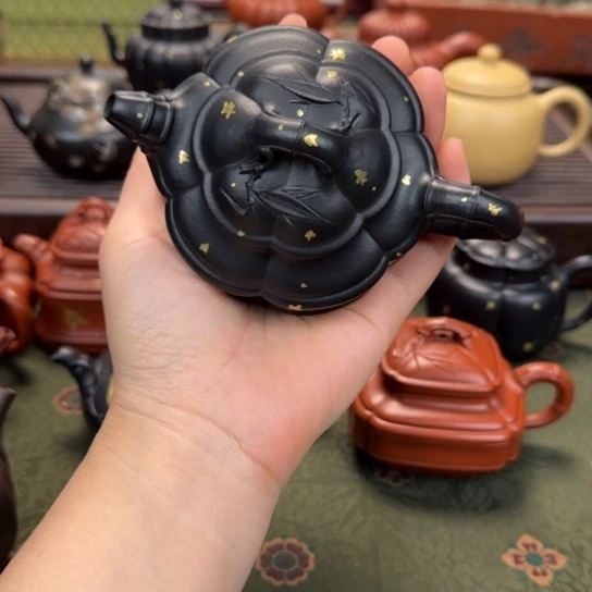 紫砂茶壶宜兴紫砂六方竹鼓焐灰洒金