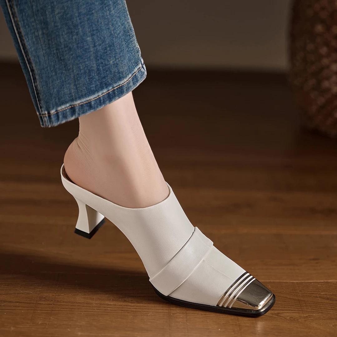 小个子手工女鞋7.5cm~方头棕色法式高跟包头拖粗跟拼接气质单鞋女
