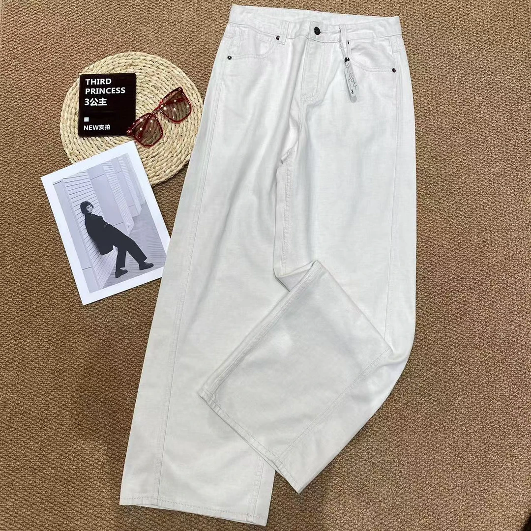 3公主ThirdPrincess 亚麻薄款直筒裤 女高腰休闲牛仔裤显瘦水洗
