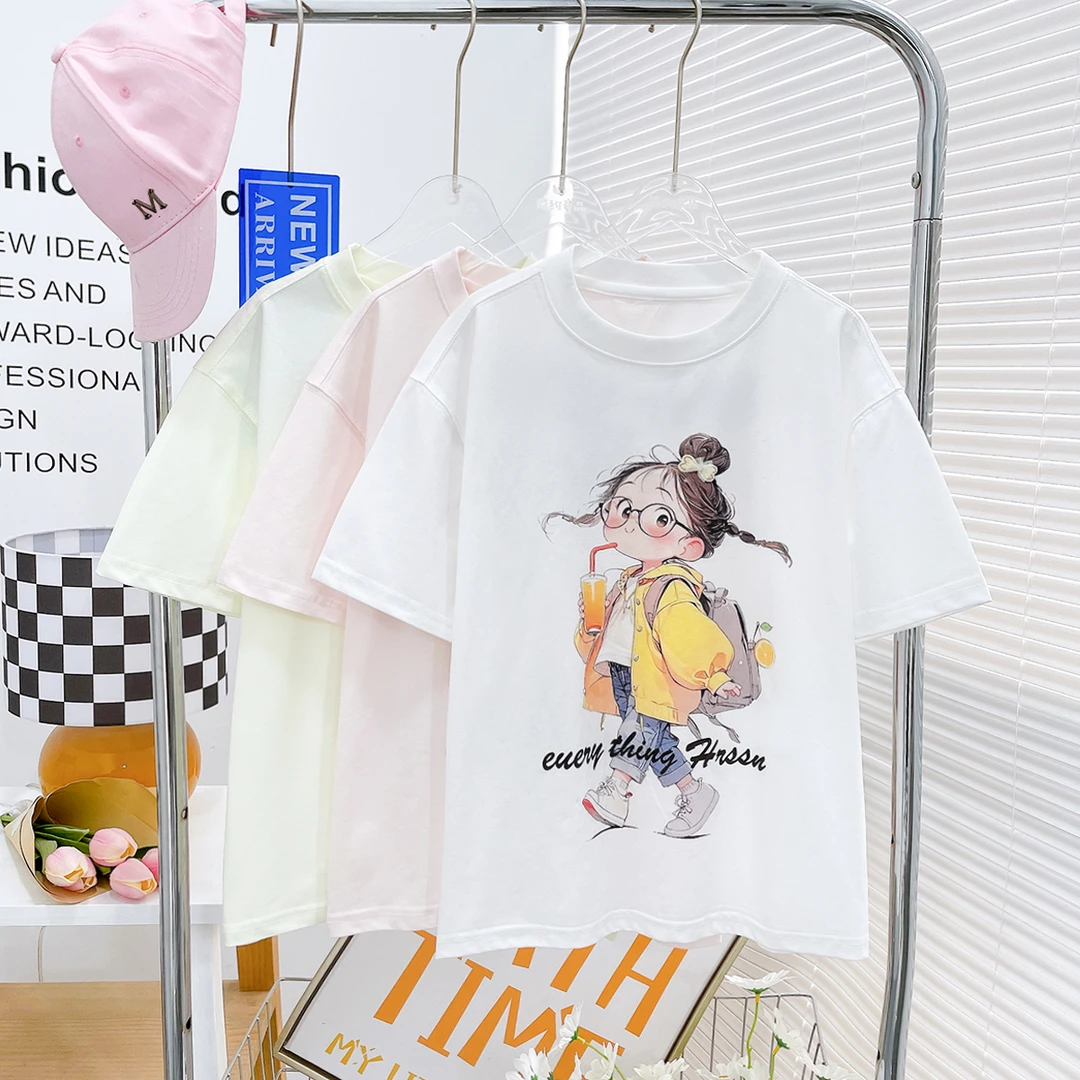 夏季新款女童短袖T恤中大童宽松洋气圆领卡通半袖 zb3067简约童品