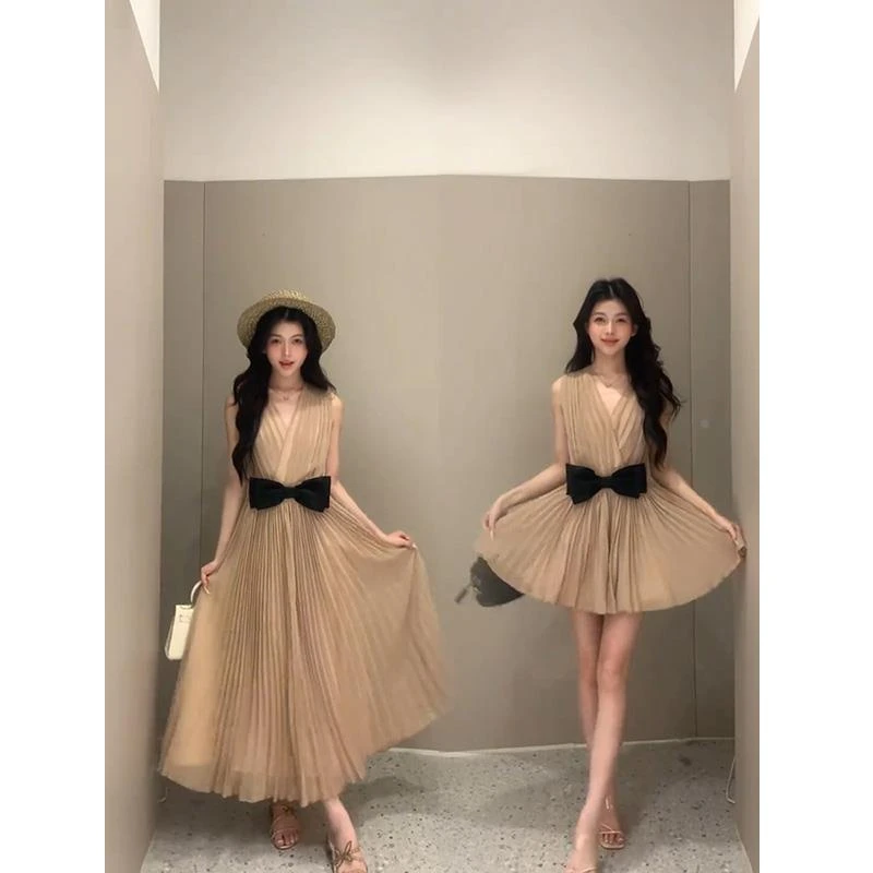 2025巨好看的裙子千金蝴蝶结V领雪纺连衣裙别致漂亮掐腰背心裙女