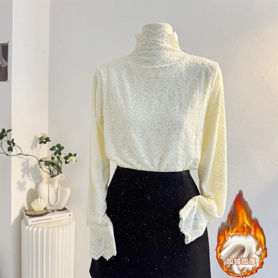 加绒加厚高领蕾丝衫套头长袖衬衫女2025秋冬气质内搭打底小衫上衣