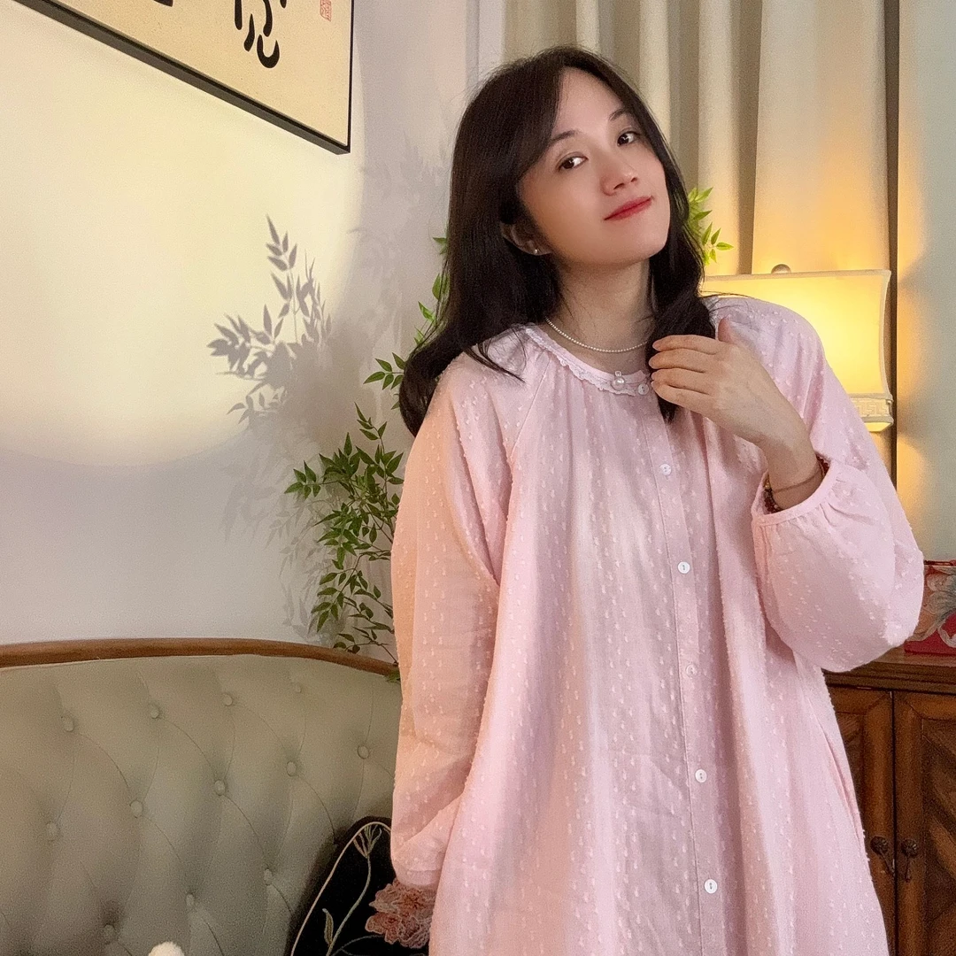 【段姐家居服】全棉双层纱布剪花睡裙插肩袖女士长袖休闲家居服睡衣