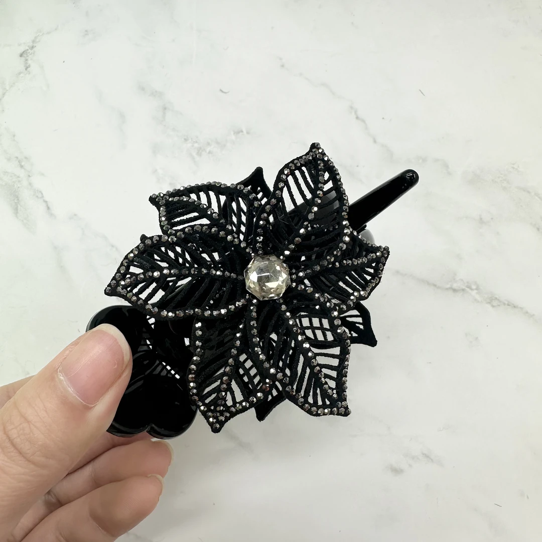 L951夕洛花朵黑色丸子夹女抓夹原创设计发夹气质头饰时尚百搭