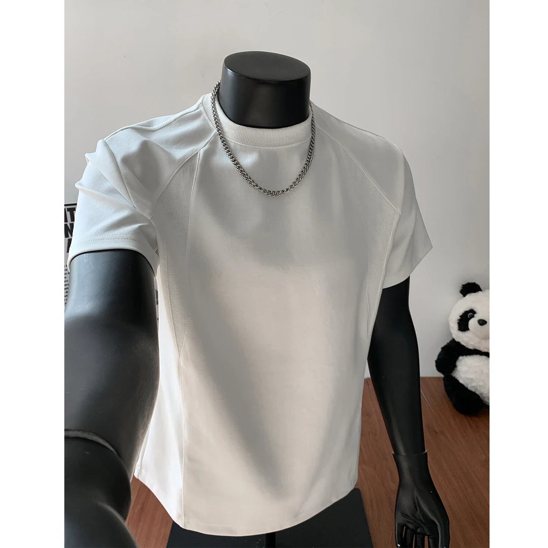 白色重磅硬挺宽肩版型t恤男生夏季解构修身显宽短袖液氨棉五分袖