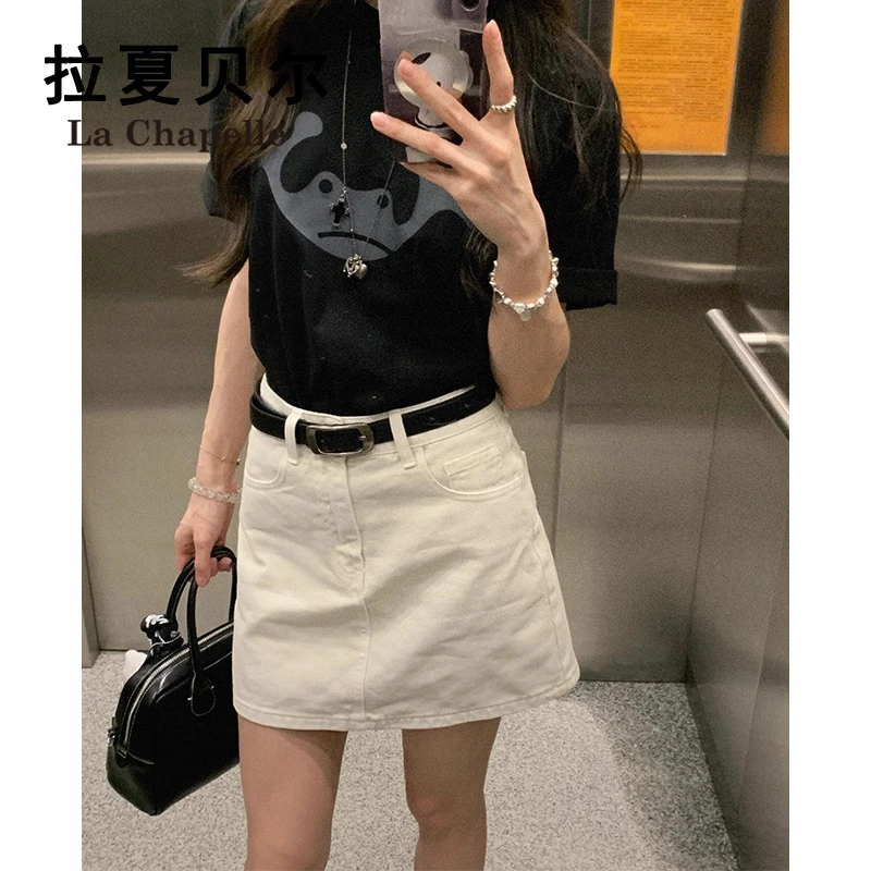 拉夏贝尔秋季白色牛仔半身短裙小个子韩版设计感防走光内衬a字裙