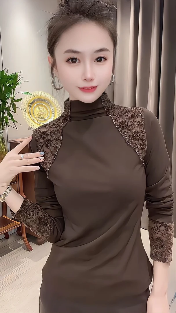 秋冬新款气质半高领蕾丝拼接长袖T恤时髦百搭显瘦内搭打底衫上衣