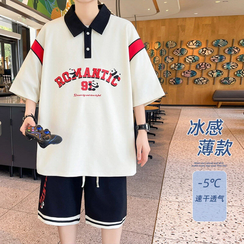 夏季翻领短袖T恤套装男士新款宽松印花字母pol港风潮流大学生