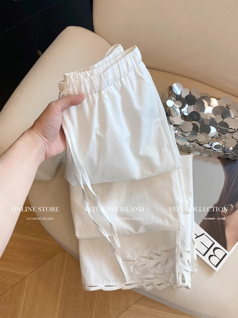 白色重工刺绣镂空抽绳阔腿休闲裤女2025夏季新款宽松百搭凉凉裤子