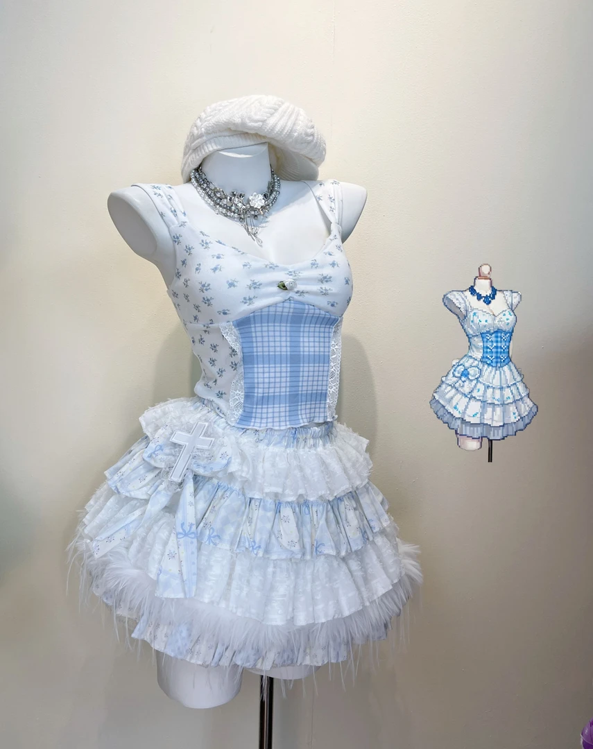 预售款手作小众设计蓝白碎花格纹加毛毛边蛋糕裙子一套（预售下单）