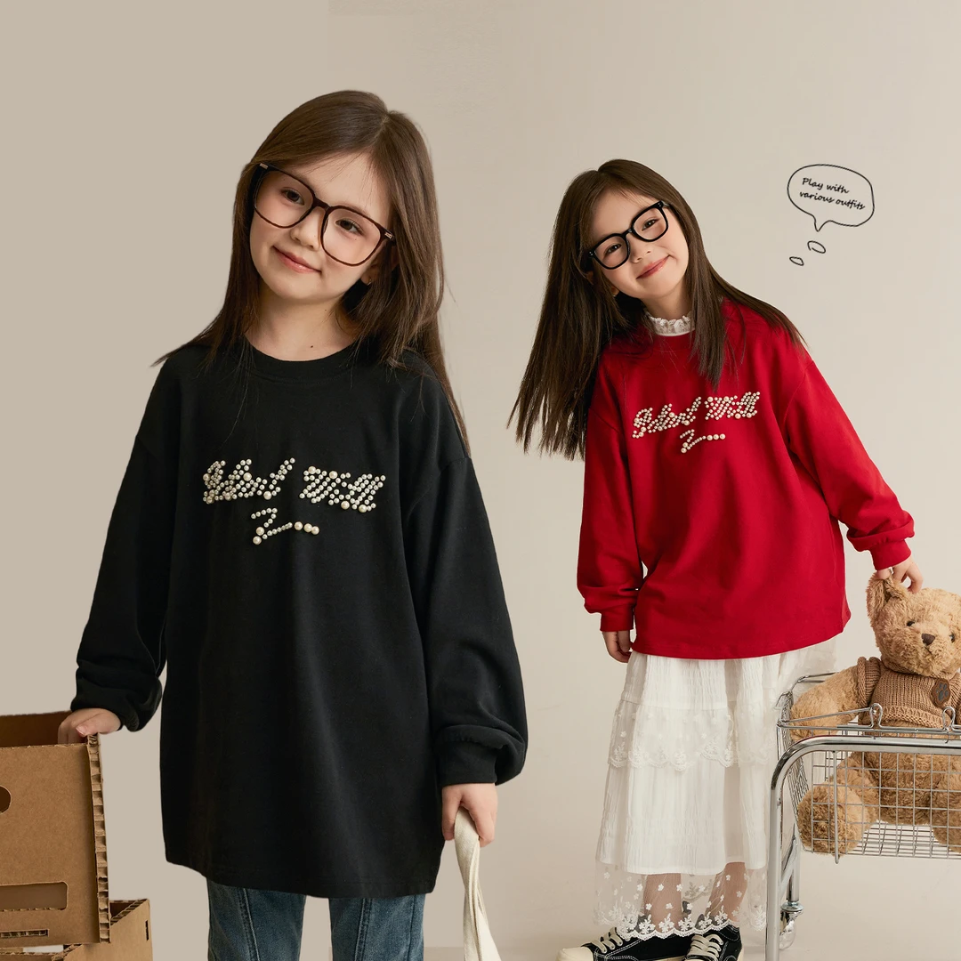 【珍珠来信】秋季女童钉珠字母长袖T恤2025秋装儿童上衣8733X