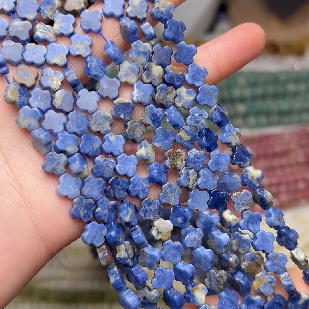 玛瑙/玉髓合金珠宝半成品I406。6.8mm天然蓝纹石四叶草一条