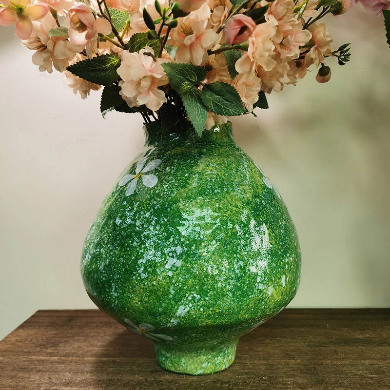 景德镇高温花瓶原矿陶瓷水养油画风896高29cm口径10cm绿色高级感