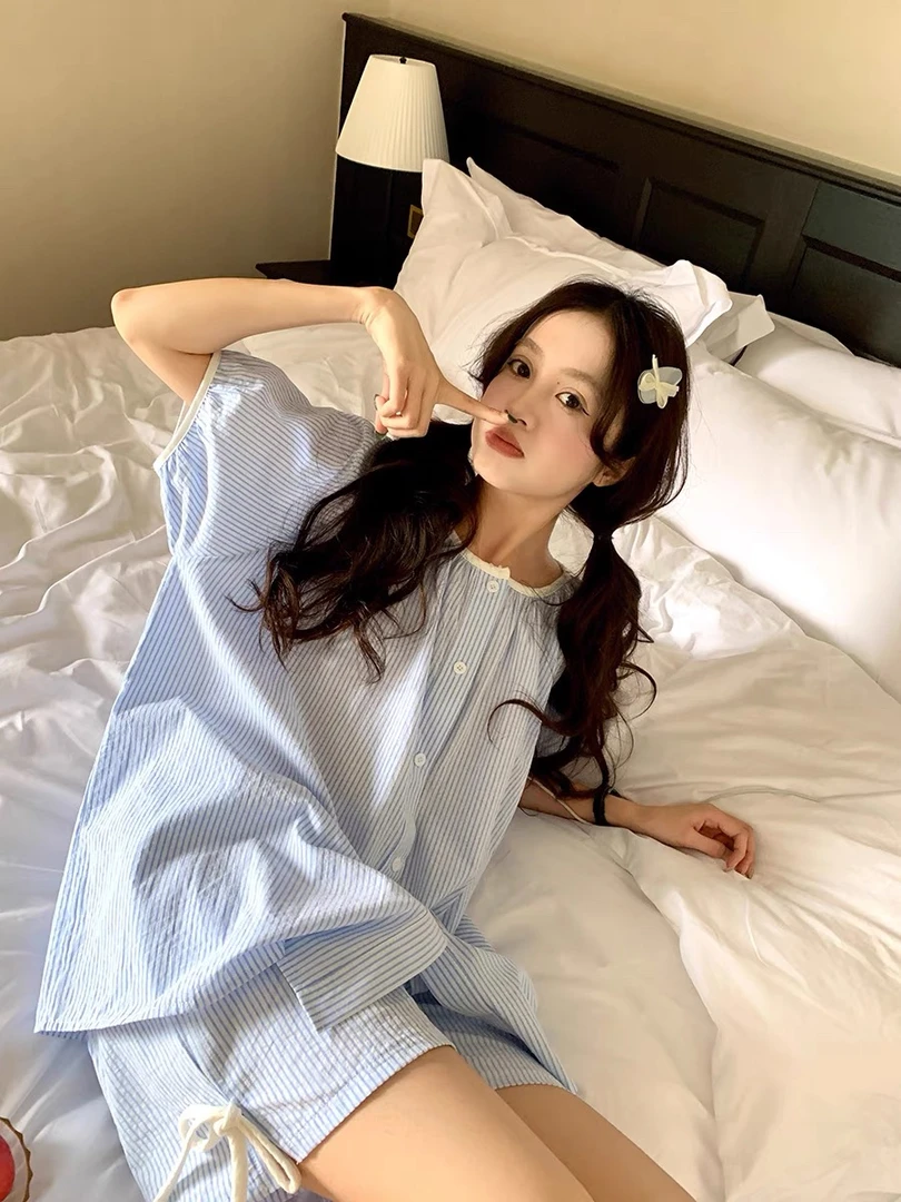 少女甜美可爱蝴蝶结简约撞色条纹睡衣女夏季新款宽松可外穿家居服
